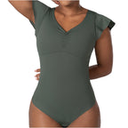 Fajas MyD BD060 olive green flutter sleeve bodysuit shaper, Colombian shapewear daily body shaper front view women