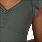 Fajas MyD BD060 olive green bodysuit with ruched V-neckline and cap sleeves, Colombian shapewear daily body shaper front view