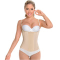 Fajas MyD MYDC4053 beige waist trainer with hook closure and straps, Colombian shapewear body shaper front view