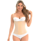 Fajas MyD MYDC4055 beige waist trainer with hook closure and straps, Colombian shapewear body shaper front view