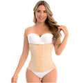 Fajas MyD MYDC4057 beige waist trainer with hook-and-eye closure, Colombian shapewear for daily compression front view