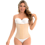 Fajas MyD MYDC4057 beige waist trainer with hook-and-eye closure, Colombian shapewear for daily compression front view