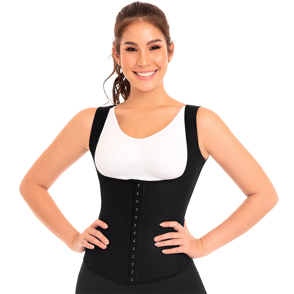 Fajas MyD MYD0555 black vest waist trainer with hook closure, Colombian shapewear post-surgery compression garment front view