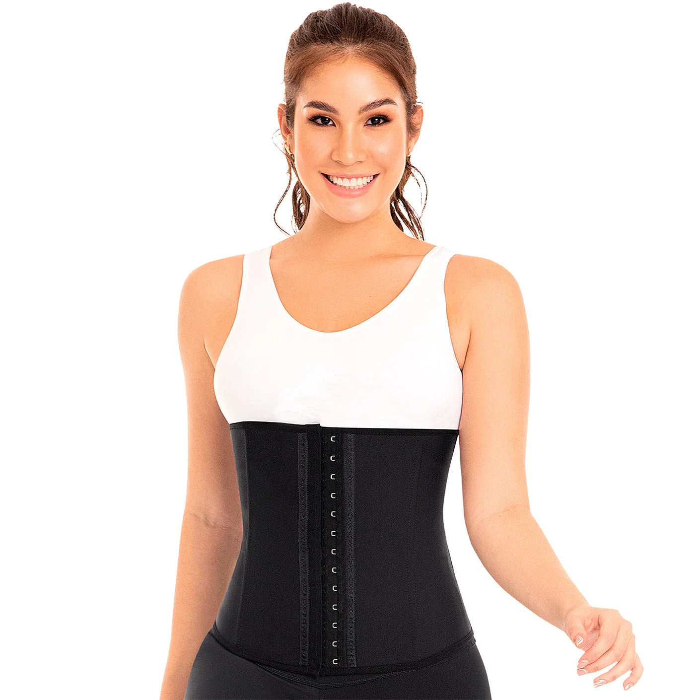 Fajas MyD MYD0557 black waist trainer with hook closure, Colombian shapewear post-surgery compression garment front view