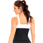 Fajas MyD MYD0557 black waist cincher back view, post-surgery Colombian shapewear with hook closure worn over white top