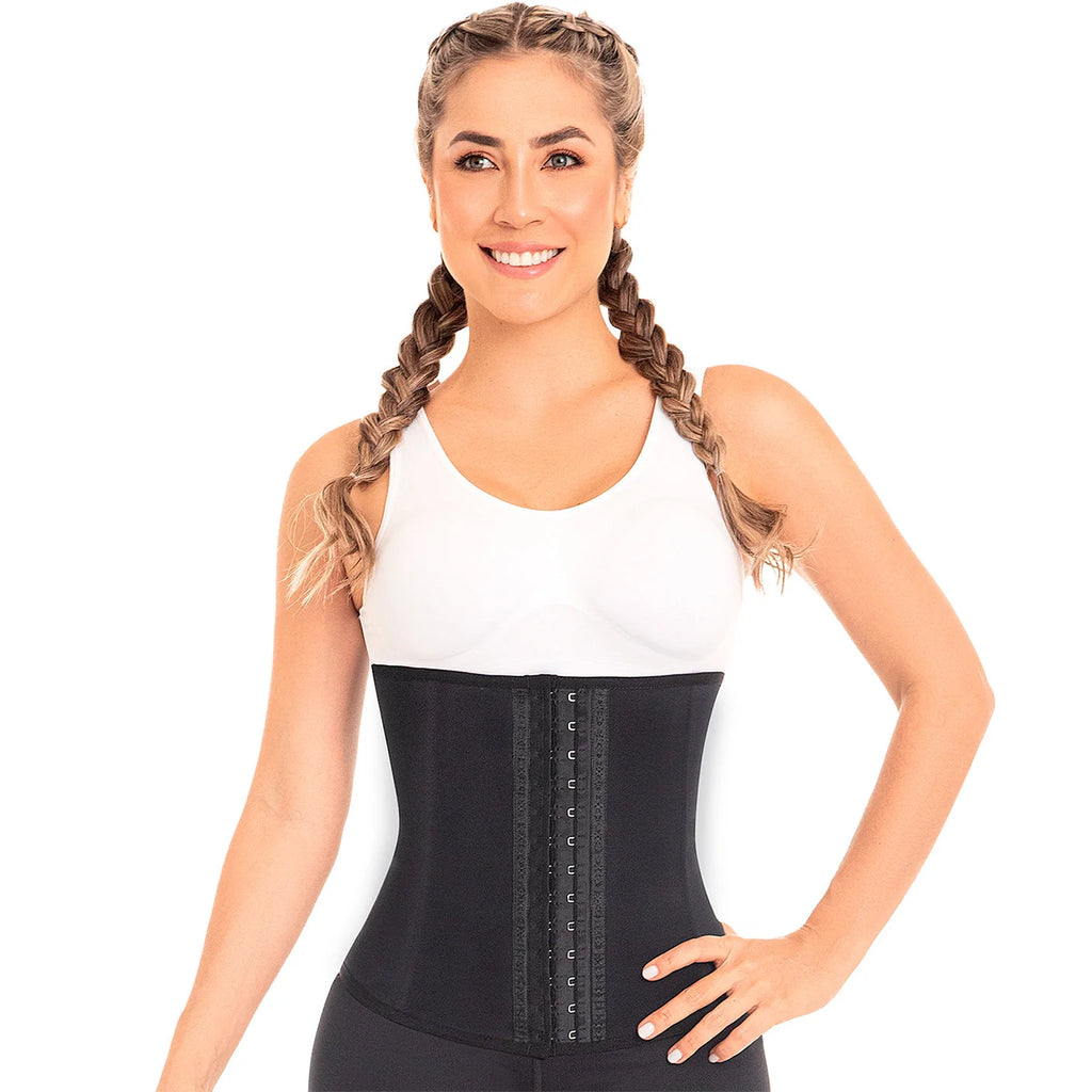 Fajas MyD MYD0557 black waist trainer with hook closure, Colombian post-surgery faja compression garment front view