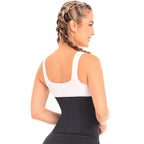 Fajas MyD MYD0557 black waist cincher with white sports bra, Colombian post-surgery compression garment back view