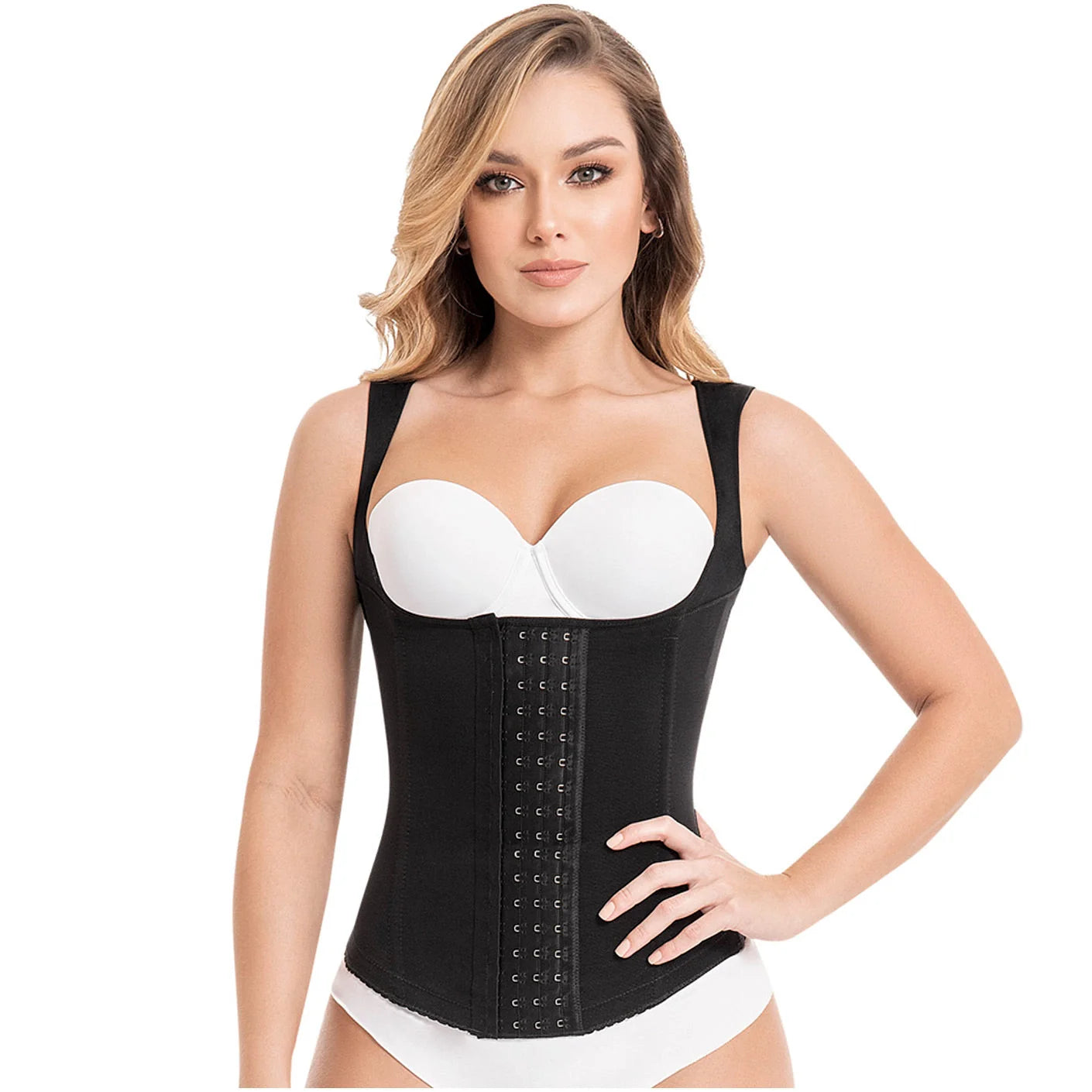 Fajas MyD MYDC4055 black waist trainer vest with hook closure, Colombian shapewear body shaper for women front view