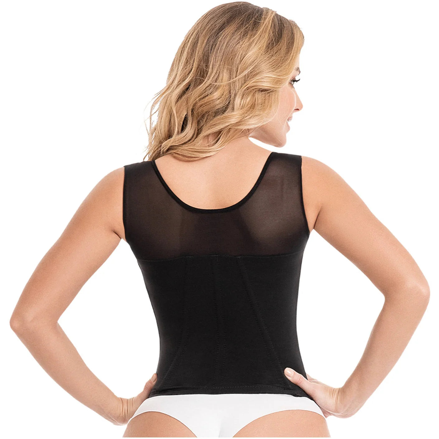 Fajas MyD MYDC4055 black mesh back waist trainer tank top, Colombian shapewear body shaper for daily use back view