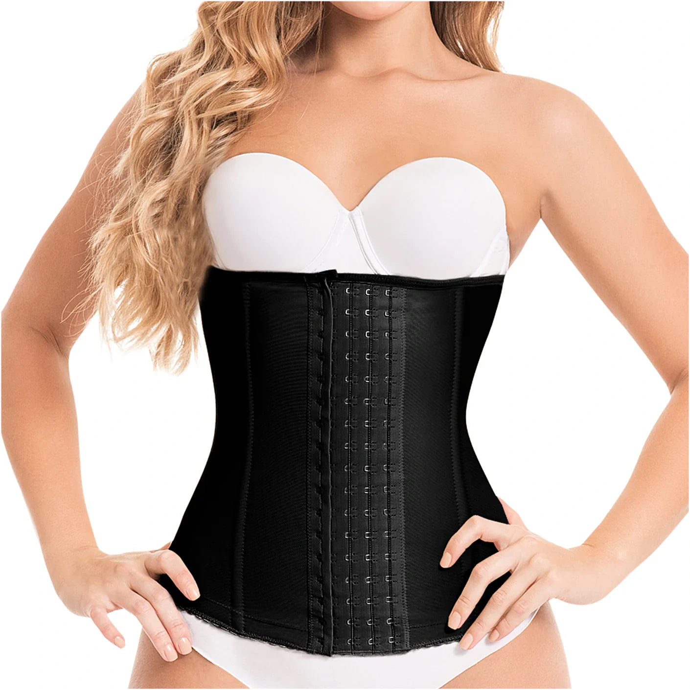 Fajas MyD MYDC4057 black waist trainer with hook-and-eye closure, Colombian shapewear cincher for daily body shaping front vi