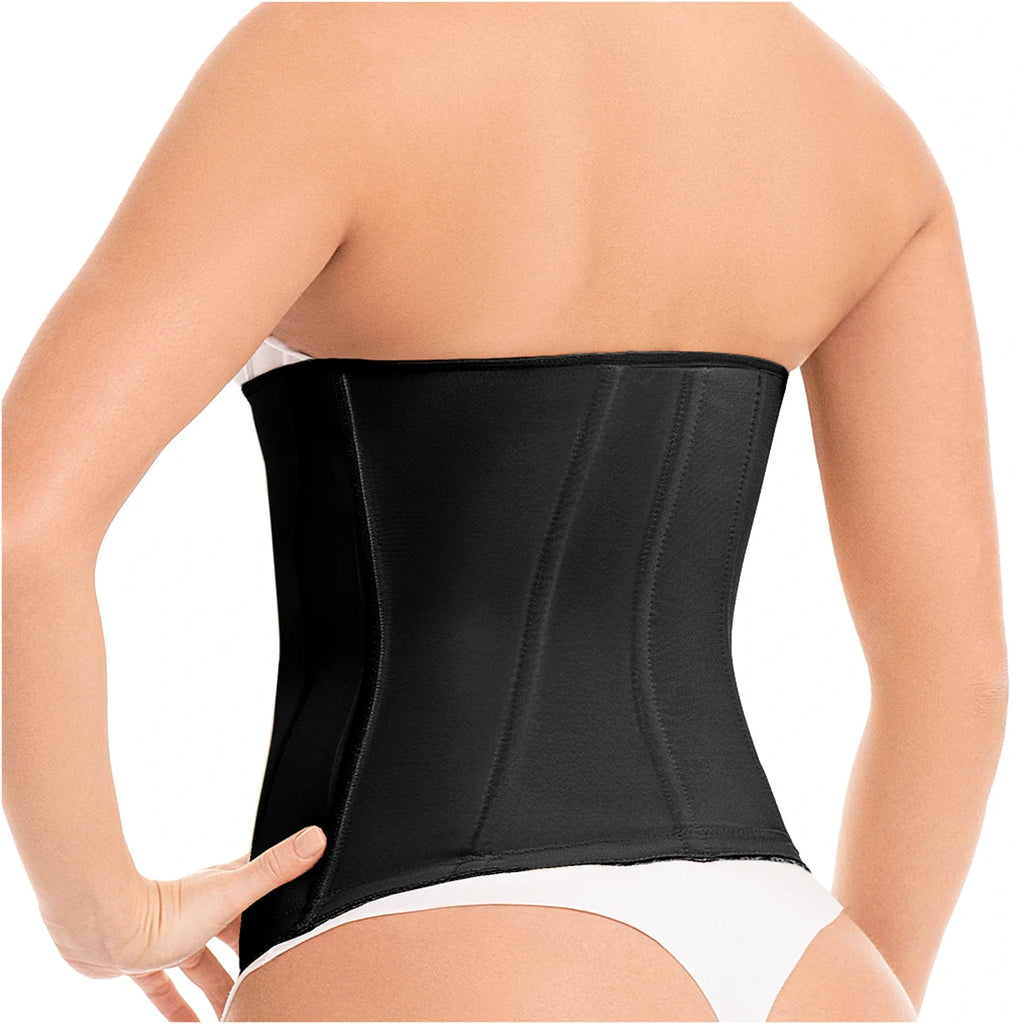 Fajas MyD MYDC4057 black waist trainer back view, Colombian shapewear compression garment for women daily shaping