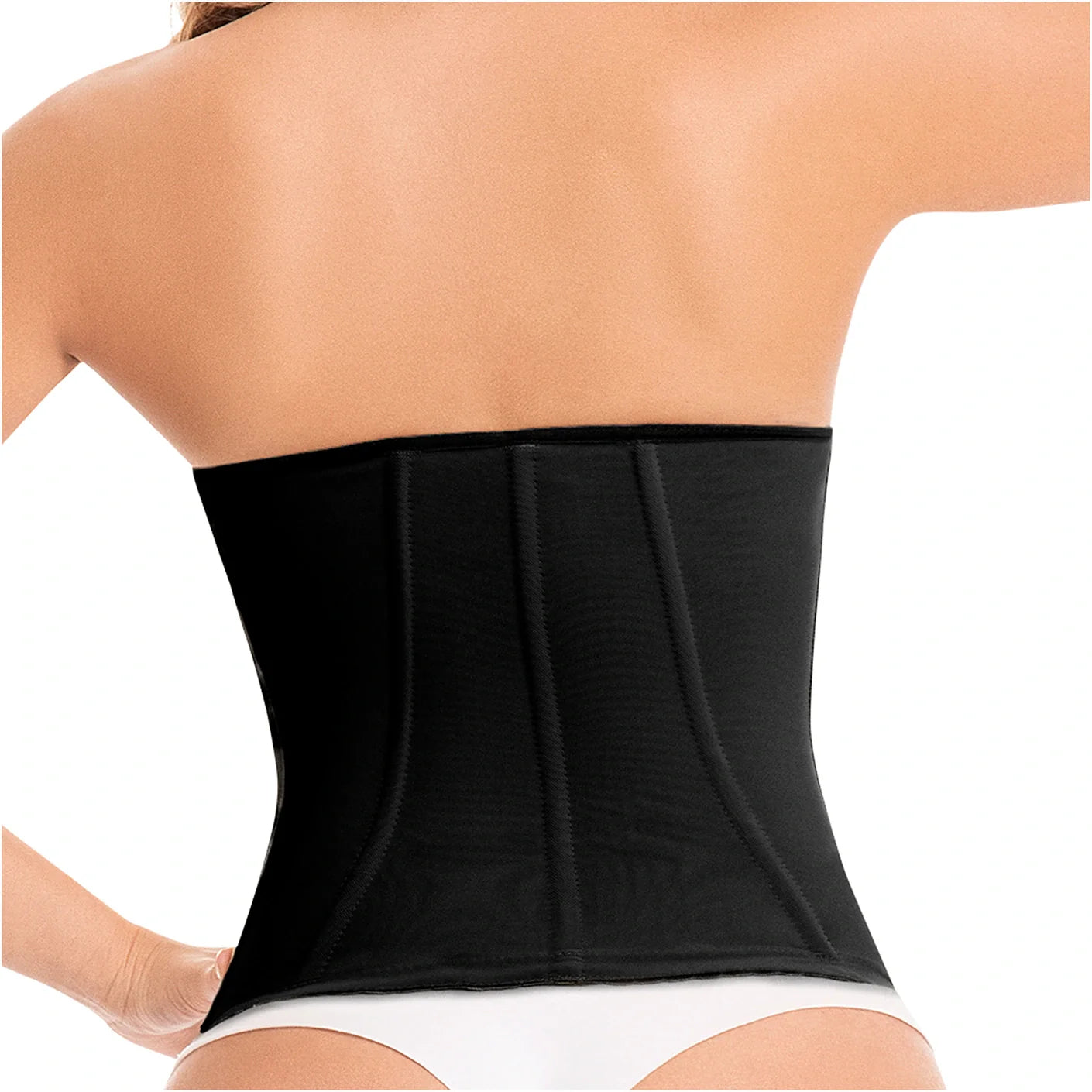 Fajas MyD MYDC4057 black waist trainer back view, Colombian shapewear compression garment for daily waist cinching women