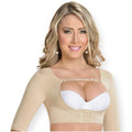 Fajas MyD MYD0004 beige post-surgery faja with arm compression sleeves and hook closure, Colombian shapewear front view