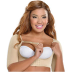 Fajas MyD MYD0004 beige post-surgery compression garment with arm sleeves and hook closure, Colombian shapewear front lifesty