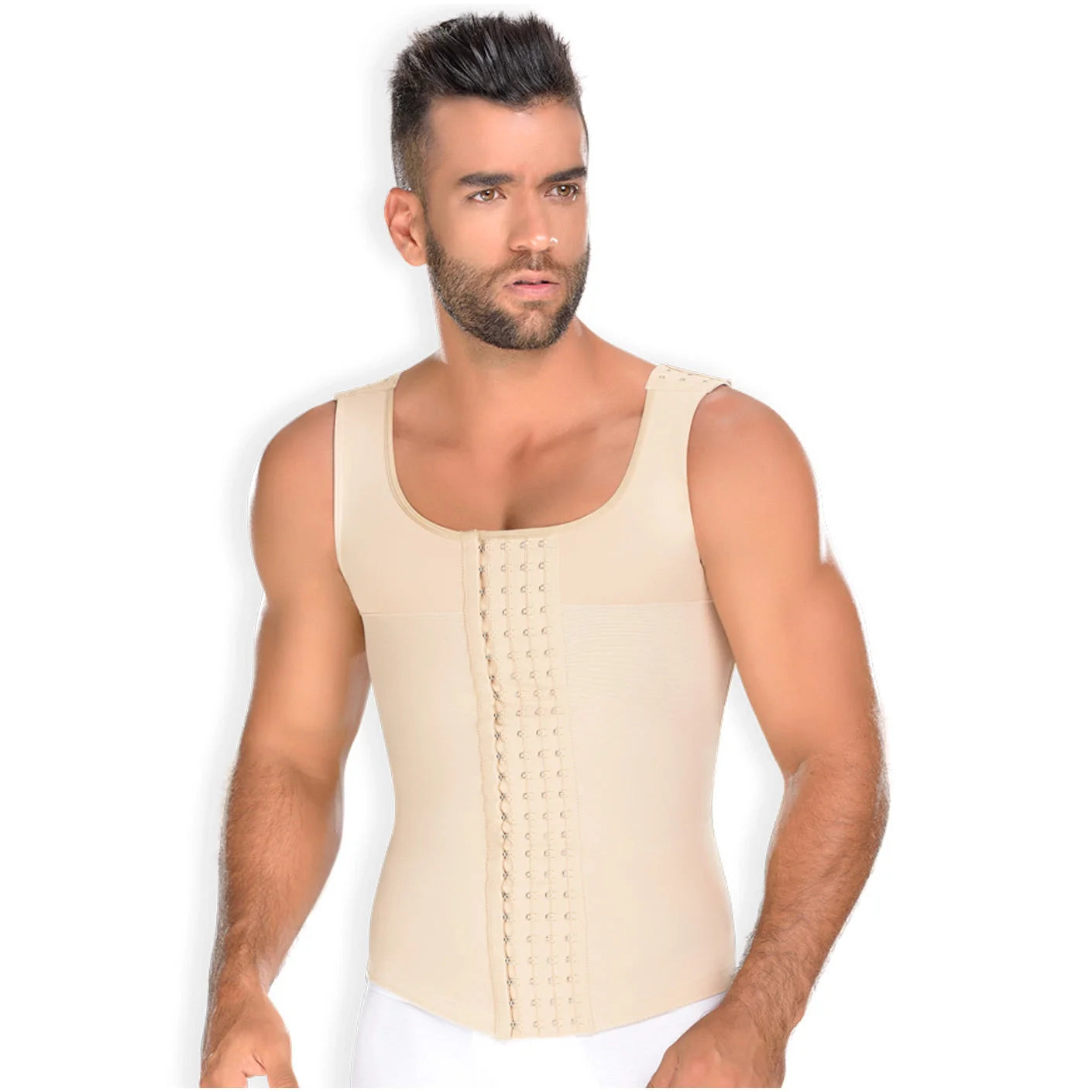 Fajas MyD MYD0060 beige hook-and-eye vest body shaper, men's Colombian post-surgery compression garment front view