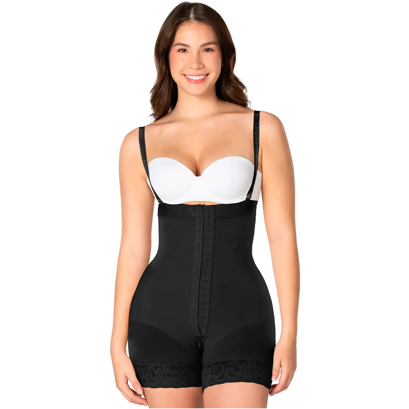 Fajas MyD 0466 black post-surgery faja with hook closure and lace trim, Colombian shapewear boyshort body shaper front view