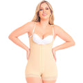 Fajas MyD MYD0048 beige hook-front Colombian shapewear bodysuit with lace trim, post-surgery faja for women front view