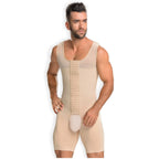 Fajas MyD MYD0061 beige men's full-body post-surgery faja with hook closure, Colombian compression garment front view