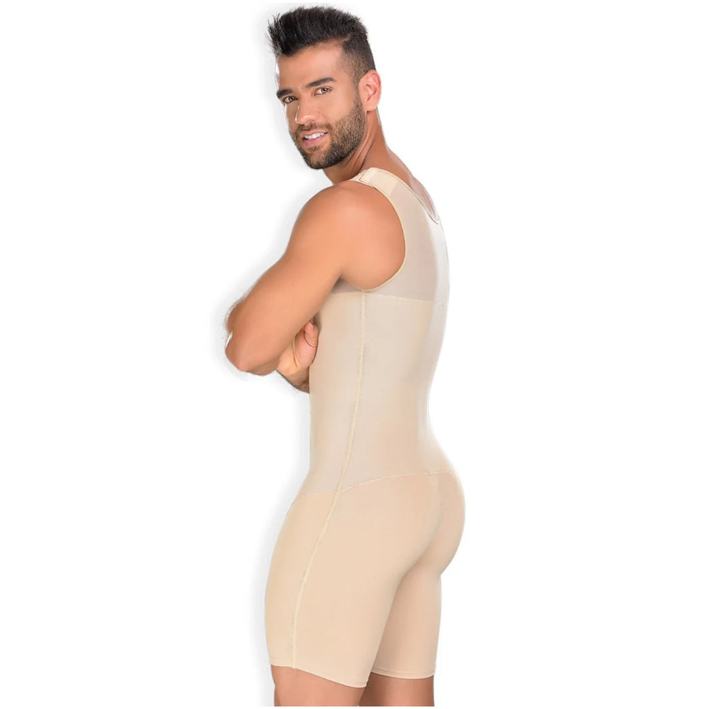 Fajas MyD MYD0061 beige full-body post-surgery faja for men, Colombian compression garment side view with short leg