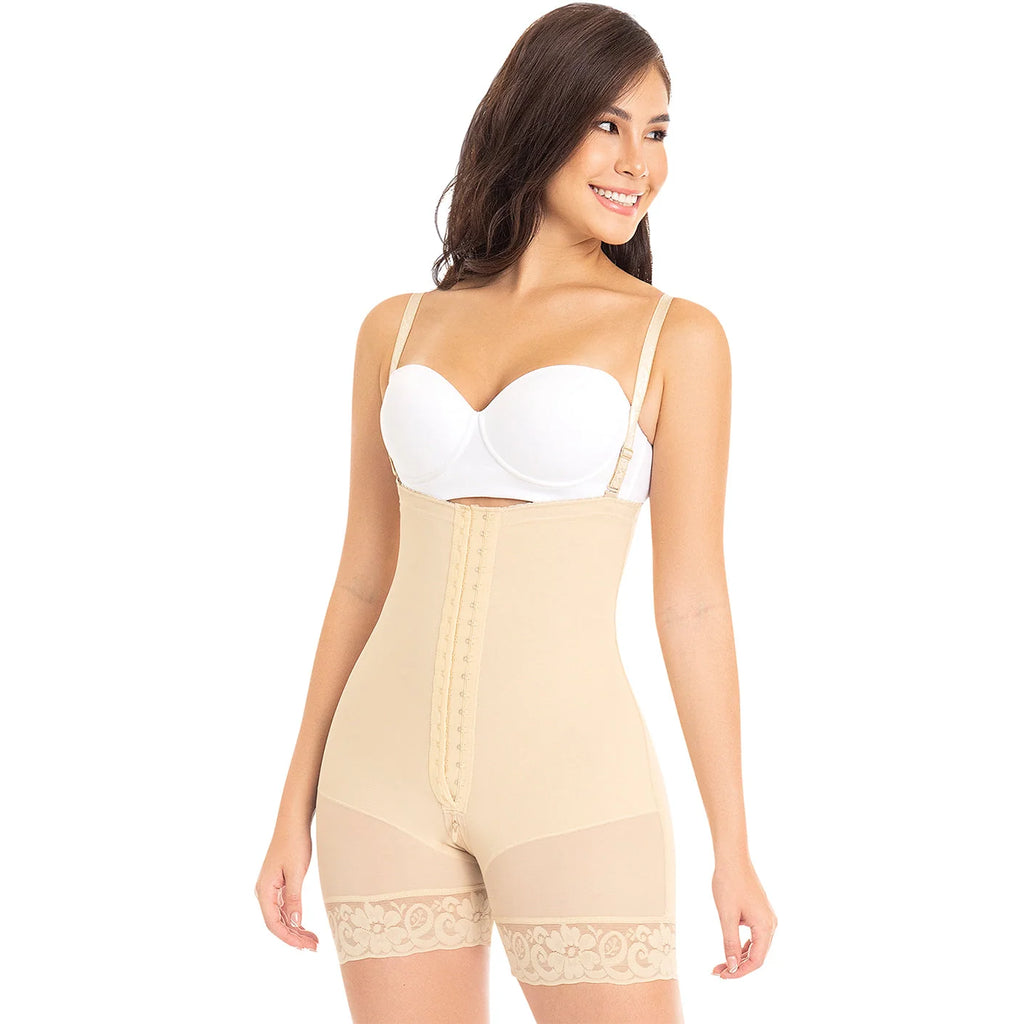 Fajas MyD MYD0066 beige open-bust bodysuit with hook closure, Colombian post-surgery compression garment front view