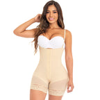 Fajas MyD MYD0066 beige open-bust bodysuit with hook closure, Colombian post-surgery faja compression garment front view