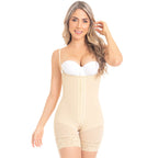 Fajas MyD MYD0066 beige post-surgery faja colombiana bodysuit with hook closure and lace trim, Colombian shapewear front view