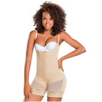 Fajas MyD MYD0068 beige full-body post-surgery faja with hook closure and lace trim, Colombian shapewear front view