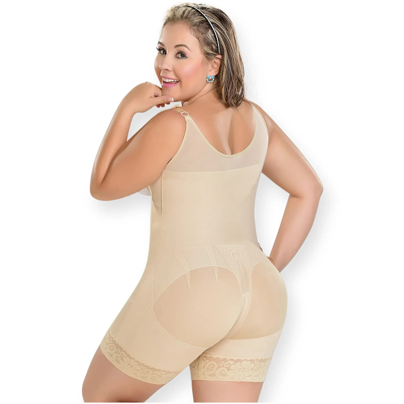 Fajas MyD 0068 beige full-body Colombian shapewear with butt-lifting cutout, post-surgery compression garment back view