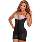 Fajas MyD MYD0068 black open-bust bodysuit with hook closure, Colombian post-surgery faja compression garment front view