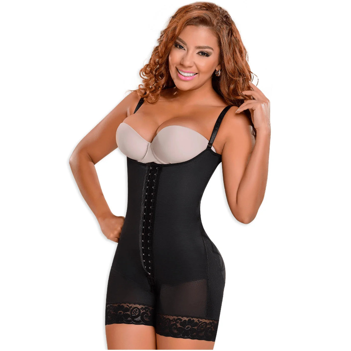 Fajas MyD MYD0068 black open-bust bodysuit with hook closure, Colombian post-surgery faja compression garment front view