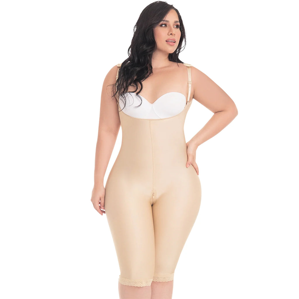 Fajas MyD MYD0072 beige full-body post-surgery faja with white bra cups, Colombian shapewear compression garment front view