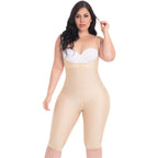 Fajas MyD MYD0072 beige full-body post-surgery faja with hook closure and lace trim, Colombian shapewear front view