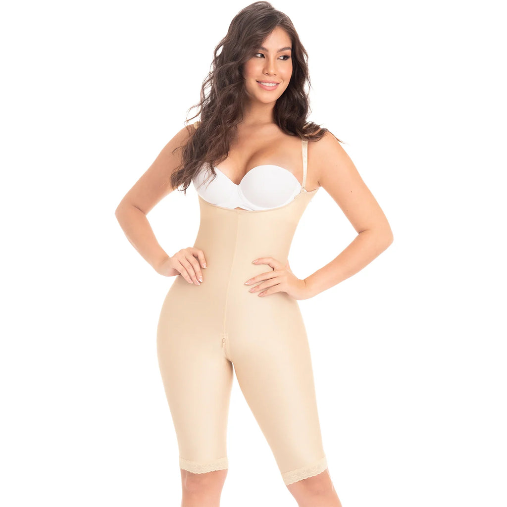 Fajas MyD MYD0072 beige post-surgery faja with adjustable straps and hook closure, Colombian shapewear mid-thigh compression 