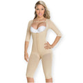 Fajas MyD MYD0074 beige full-body post-surgery faja with sleeves and hook closure, Colombian shapewear front view