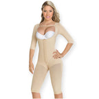 Fajas MyD MYD0074 beige full-body post-surgery faja with sleeves and hook closure, Colombian shapewear front view