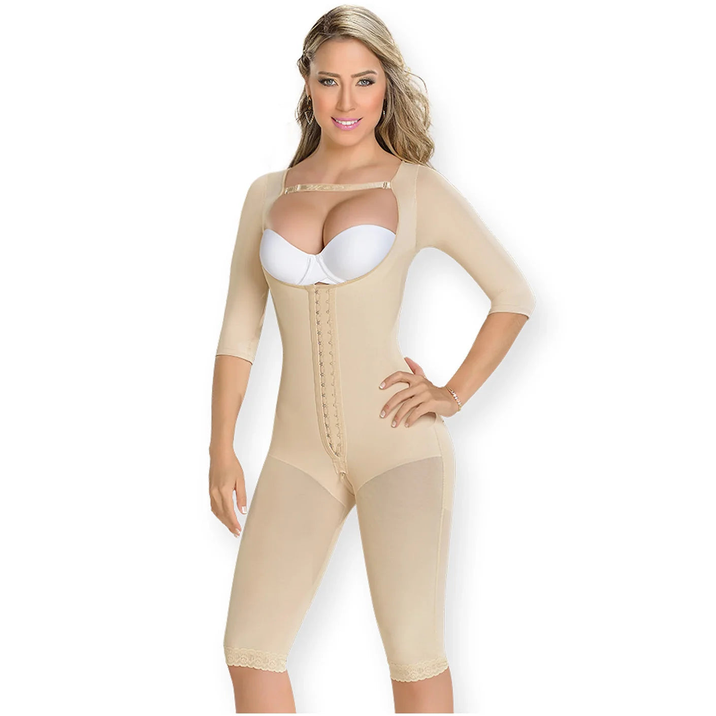 Fajas MyD MYD0074 beige full-body post-surgery faja with sleeves and hook closure, Colombian shapewear front view