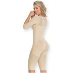 Fajas MyD MYD0074 beige full-body post-surgery faja with sleeves and open-butt design, Colombian shapewear back view