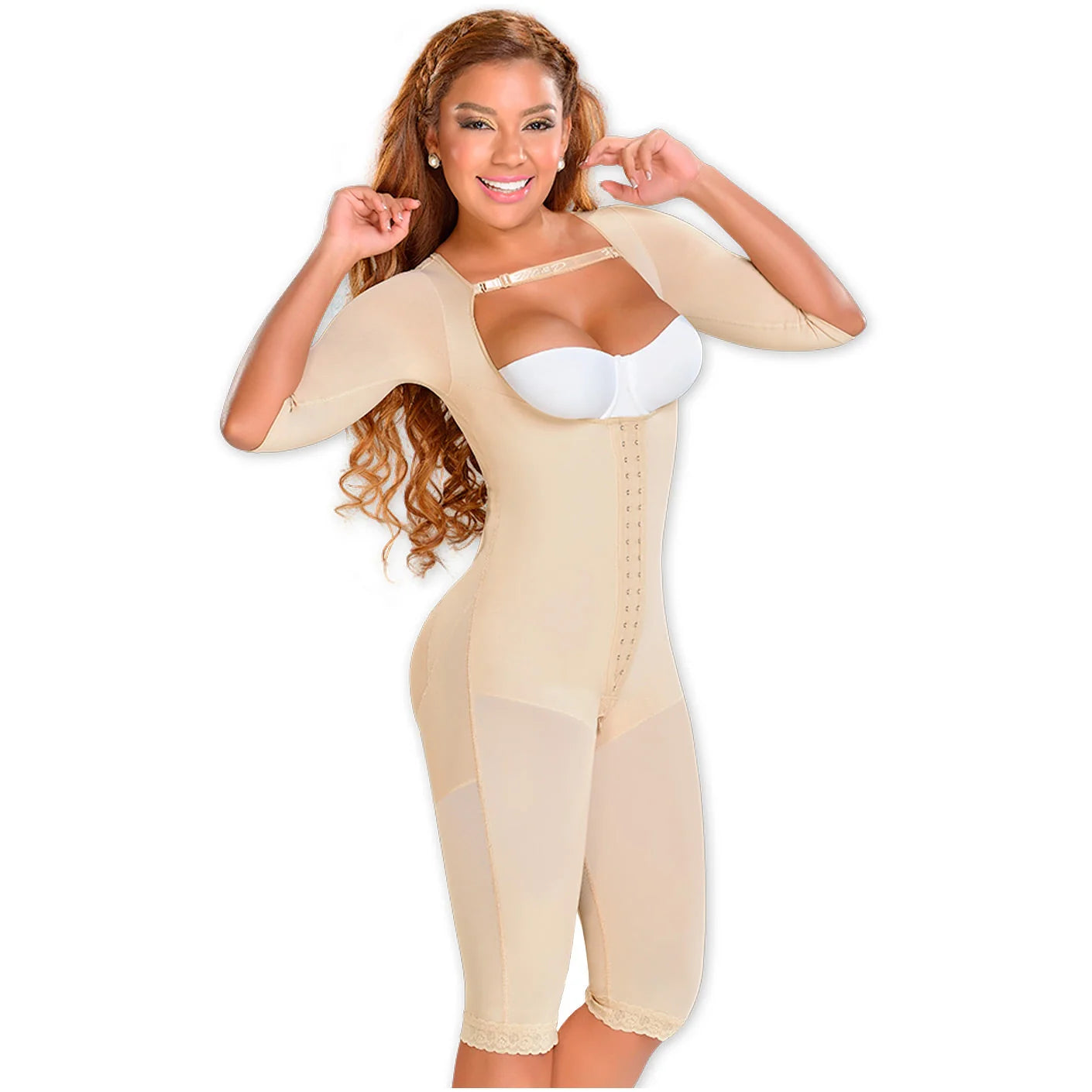 Fajas MyD MYD0074 beige full-body post-surgery faja with sleeves and hook closure, Colombian shapewear compression garment fr