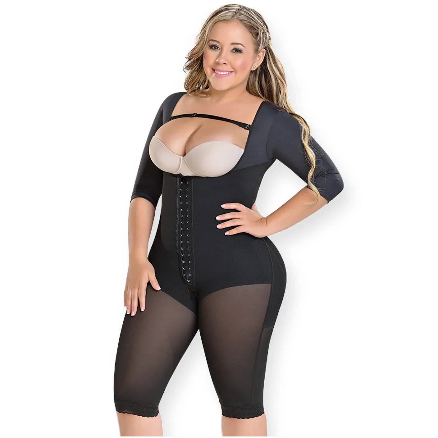 Fajas MyD MYD0074 black post-surgery faja colombiana with hook closure and sleeves, full-body Colombian shapewear front view
