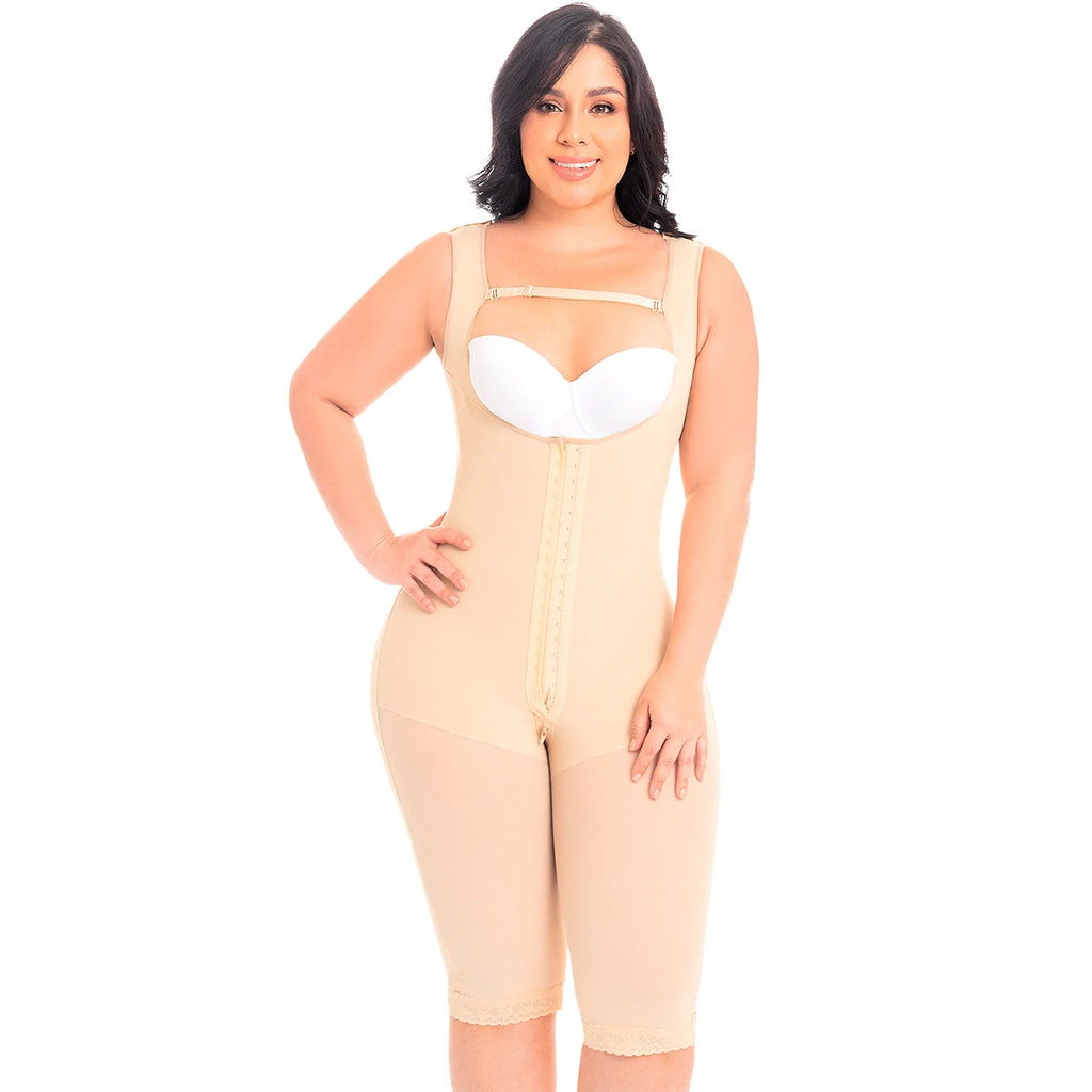 Fajas MyD MYD0075 beige full-body post-surgery faja with hook closure and open bust, Colombian shapewear front view