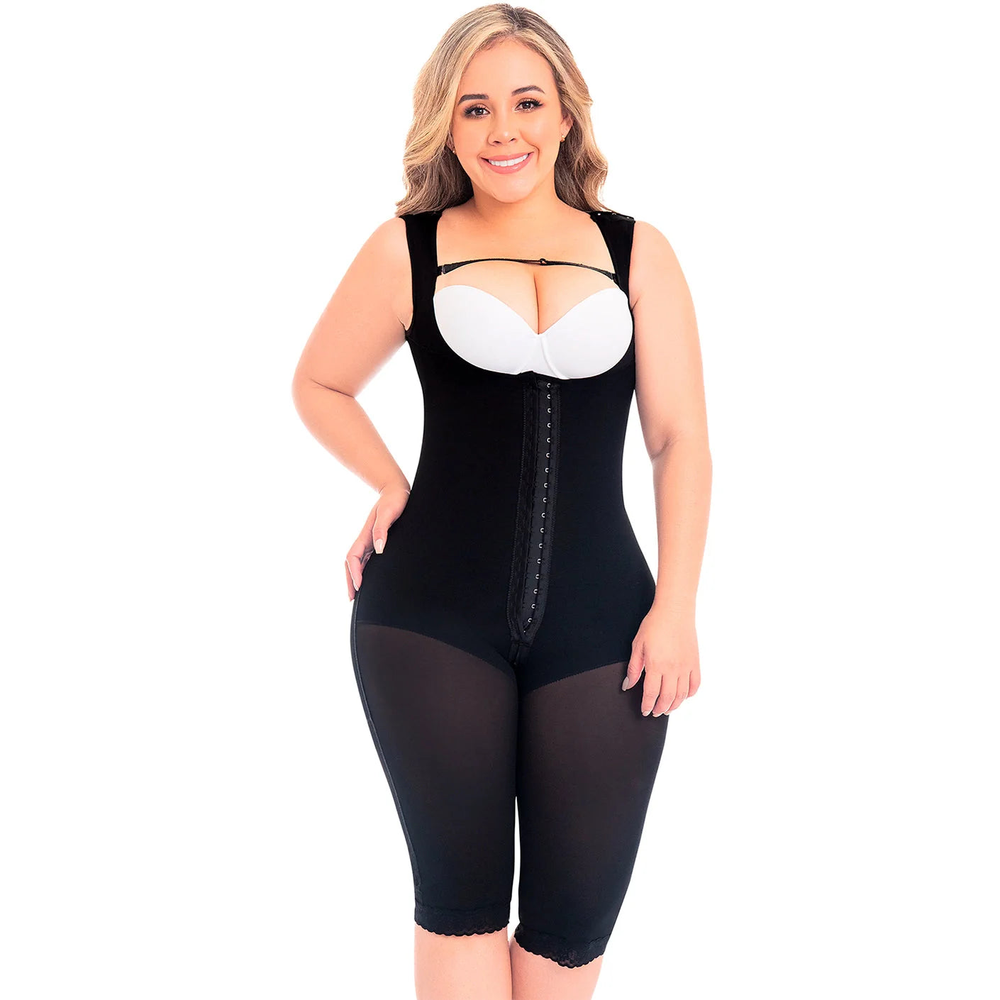 Fajas MyD MYD0075 black full-body post-surgery faja with hook closure and sheer panels, Colombian shapewear front view