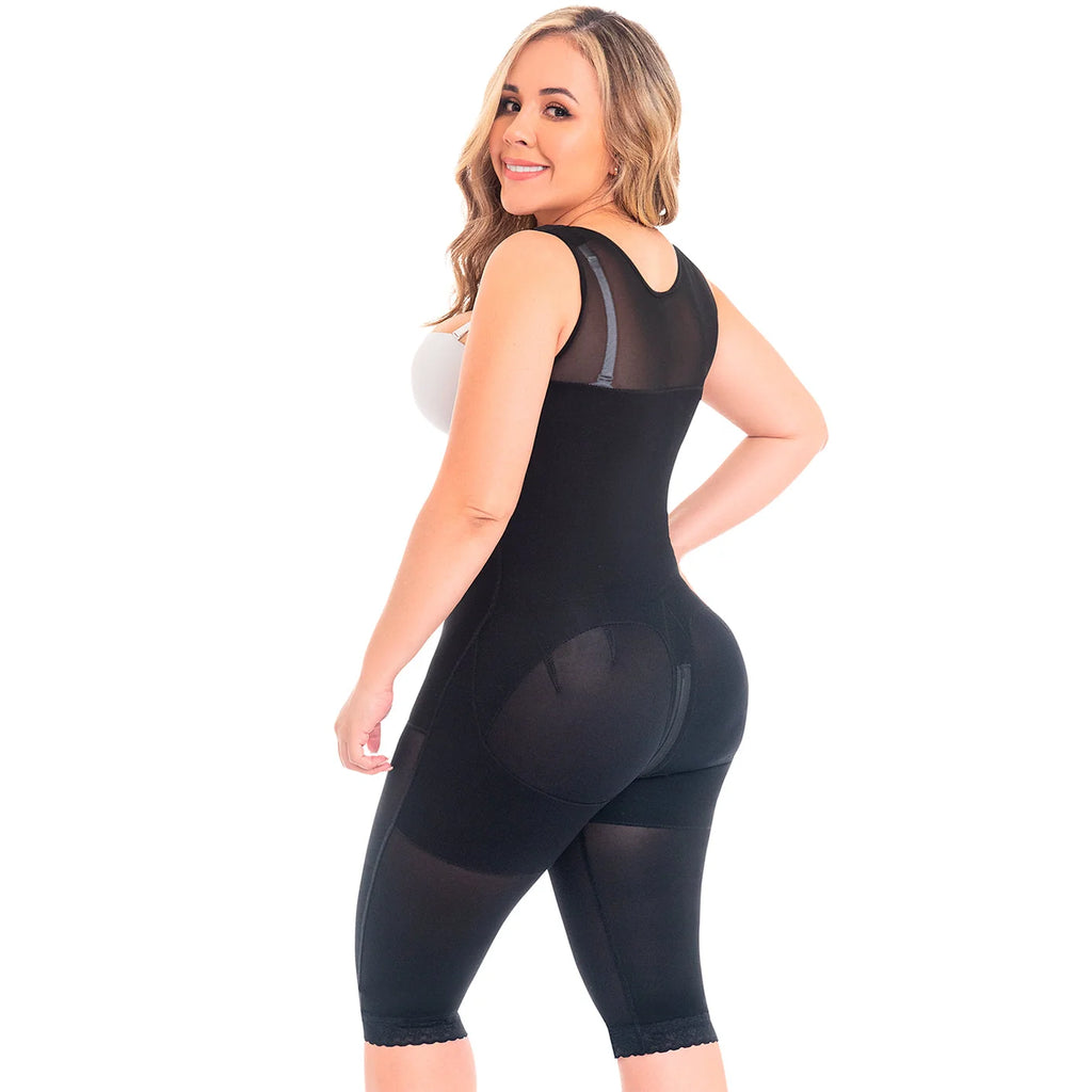 Fajas MyD MYD0075 black full-body post-surgery faja colombiana with butt lifter panel and knee-length cut, back view