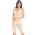 Fajas MyD MYD0120 beige full-body post-surgery faja with hook closure, Colombian shapewear knee-length compression garment fr