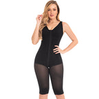 Fajas MyD MYD0120 black full-body post-surgery faja with hook closure and sheer legs, Colombian shapewear front view