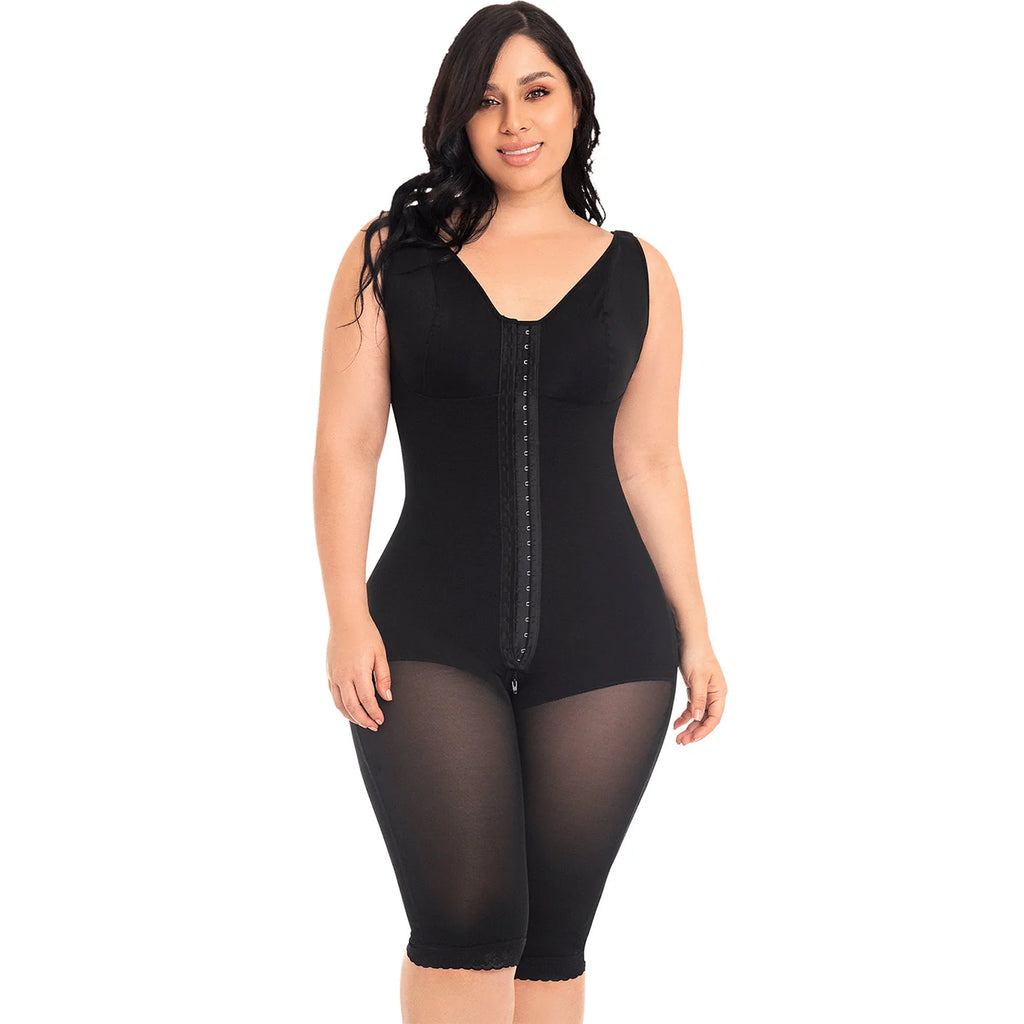Fajas MyD MYD0120 black full-body post-surgery faja with hook closure, Colombian shapewear compression garment front view
