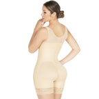 Fajas MyD MYDF0463 beige full-body post-surgery faja colombiana with lace hem, back view Colombian compression garment for wo