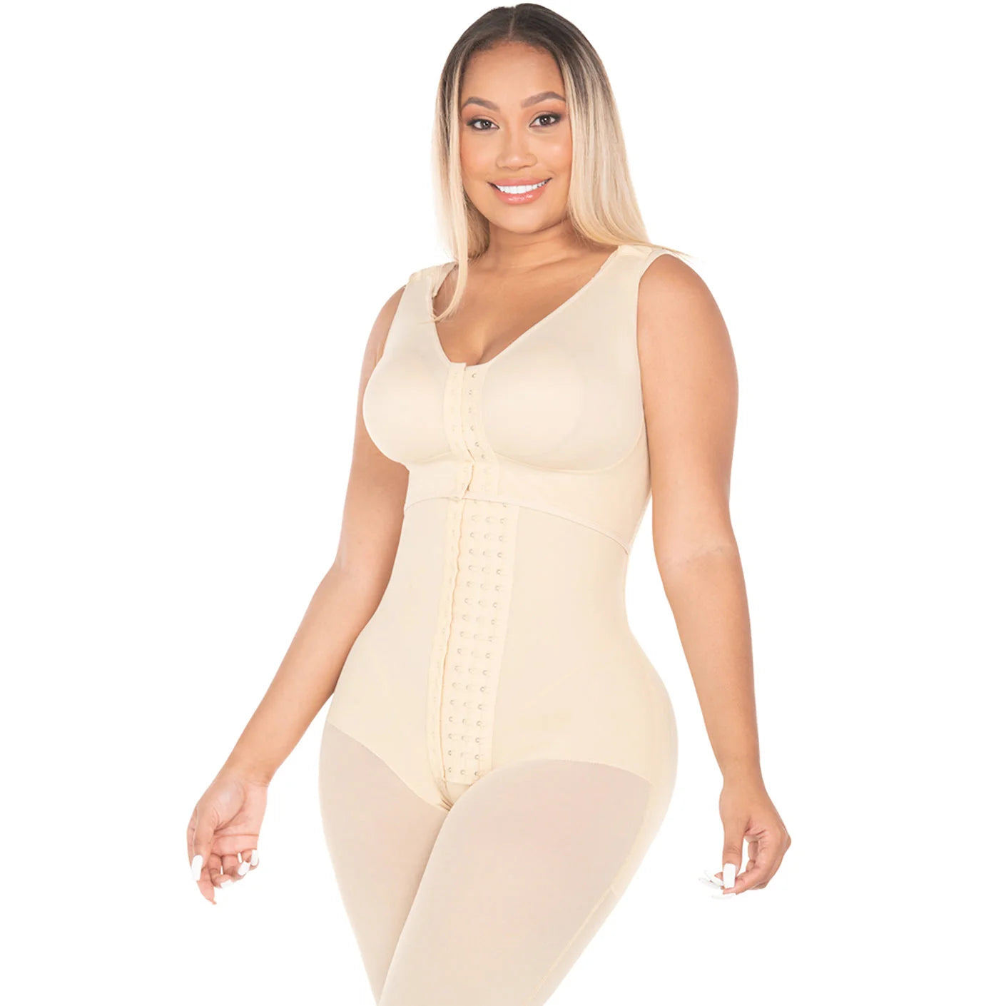 Fajas MyD MYDF0470 beige full-body post-surgery faja with hook closure, Colombian shapewear compression garment front view
