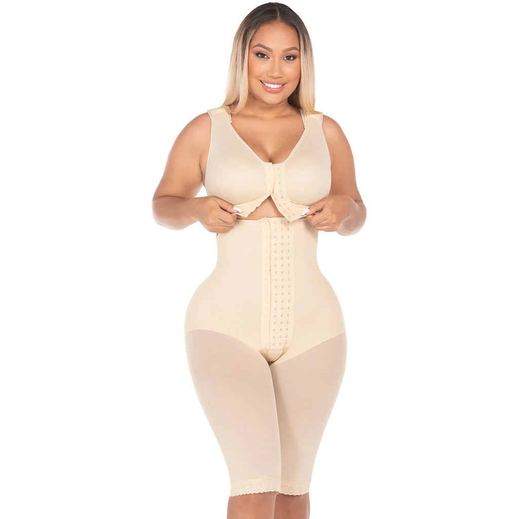 Fajas MyD MYDF0470 beige full-body post-surgery faja with hook closure, Colombian shapewear compression garment front view