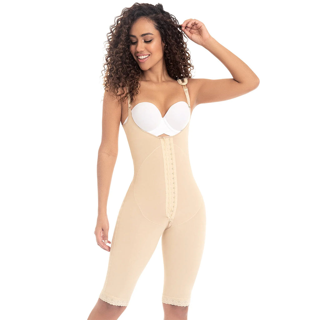 Fajas MyD MYD0478 beige full-body post-surgery faja with hook closure and lace trim, Colombian shapewear front lifestyle view
