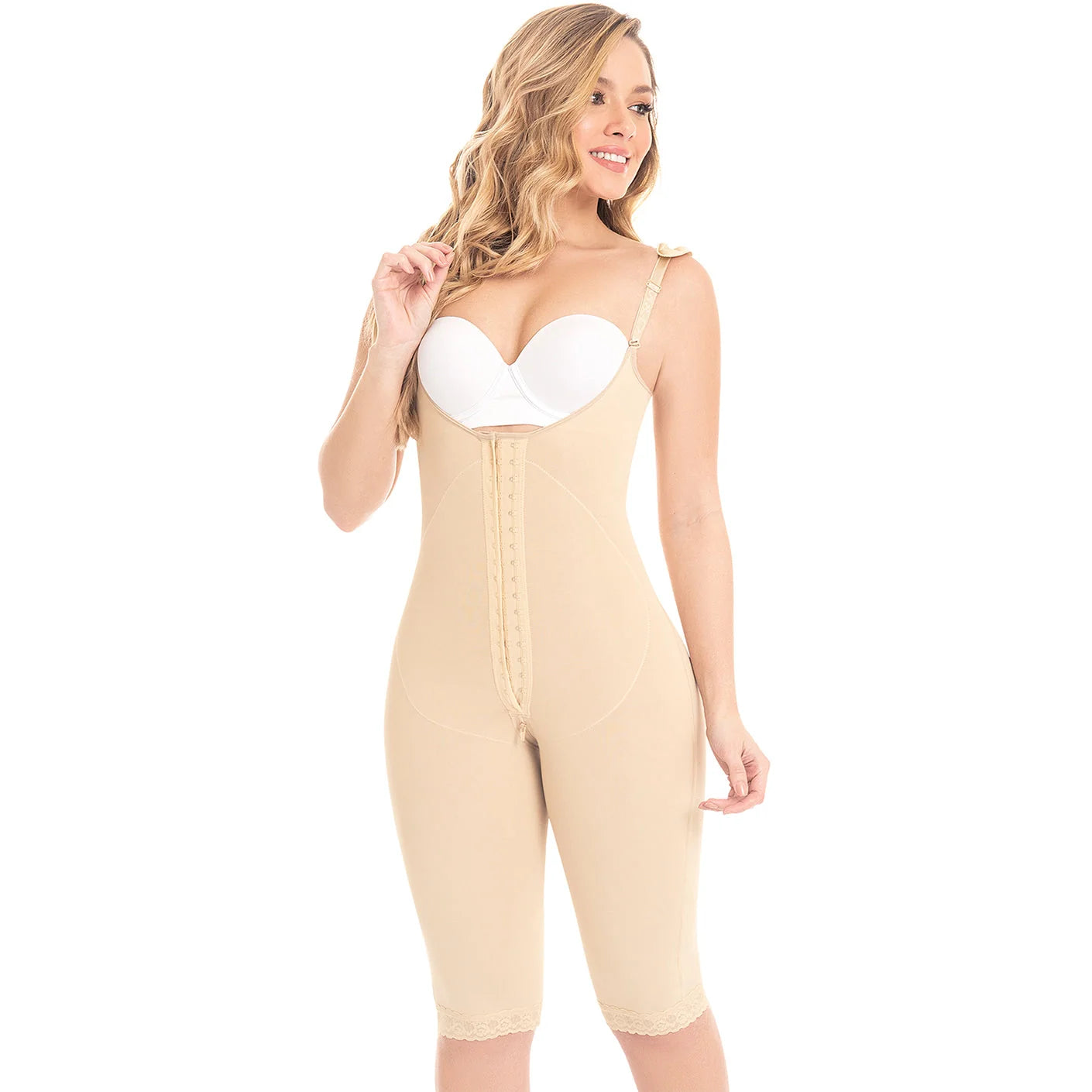 Fajas MyD MYD0478 beige full-body post-surgery faja with hook closure and adjustable straps, Colombian shapewear front view